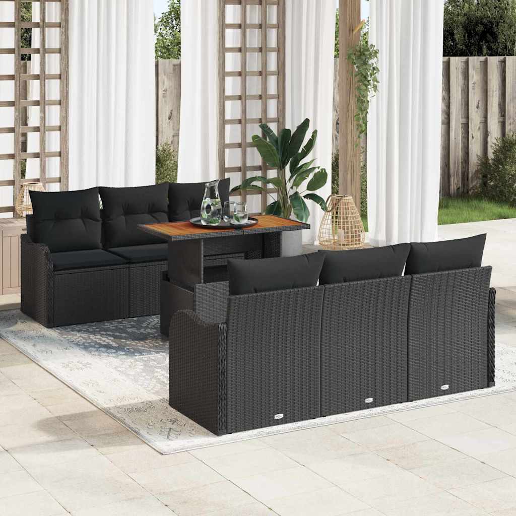 Set Divano da Giardino con cuscino 7 pcs Nero polyrattan