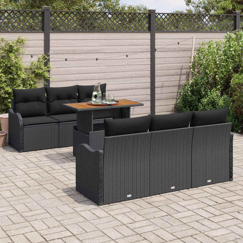 Set Divano da Giardino con cuscino 7 pcs Nero polyrattan