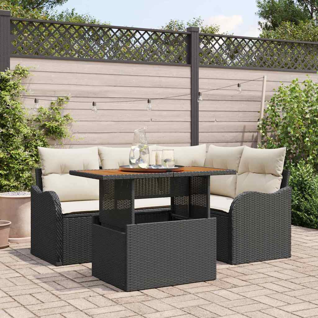 Set Divano da Giardino 5 pcs Nero e Crema polyrattan