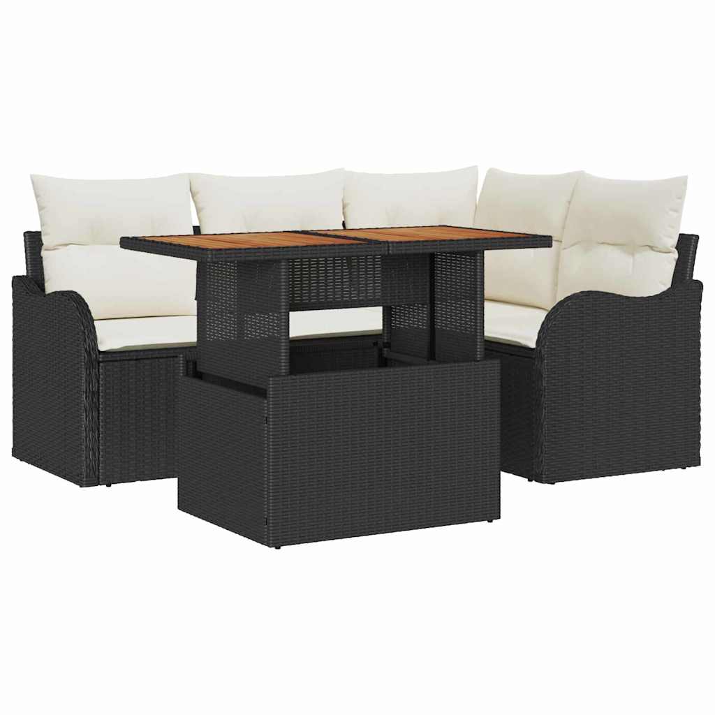 Set Divano da Giardino 5 pcs Nero e Crema polyrattan