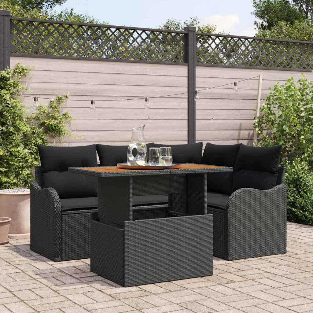 Set Divano da Giardino con cuscino 5 pcs Nero polyrattan