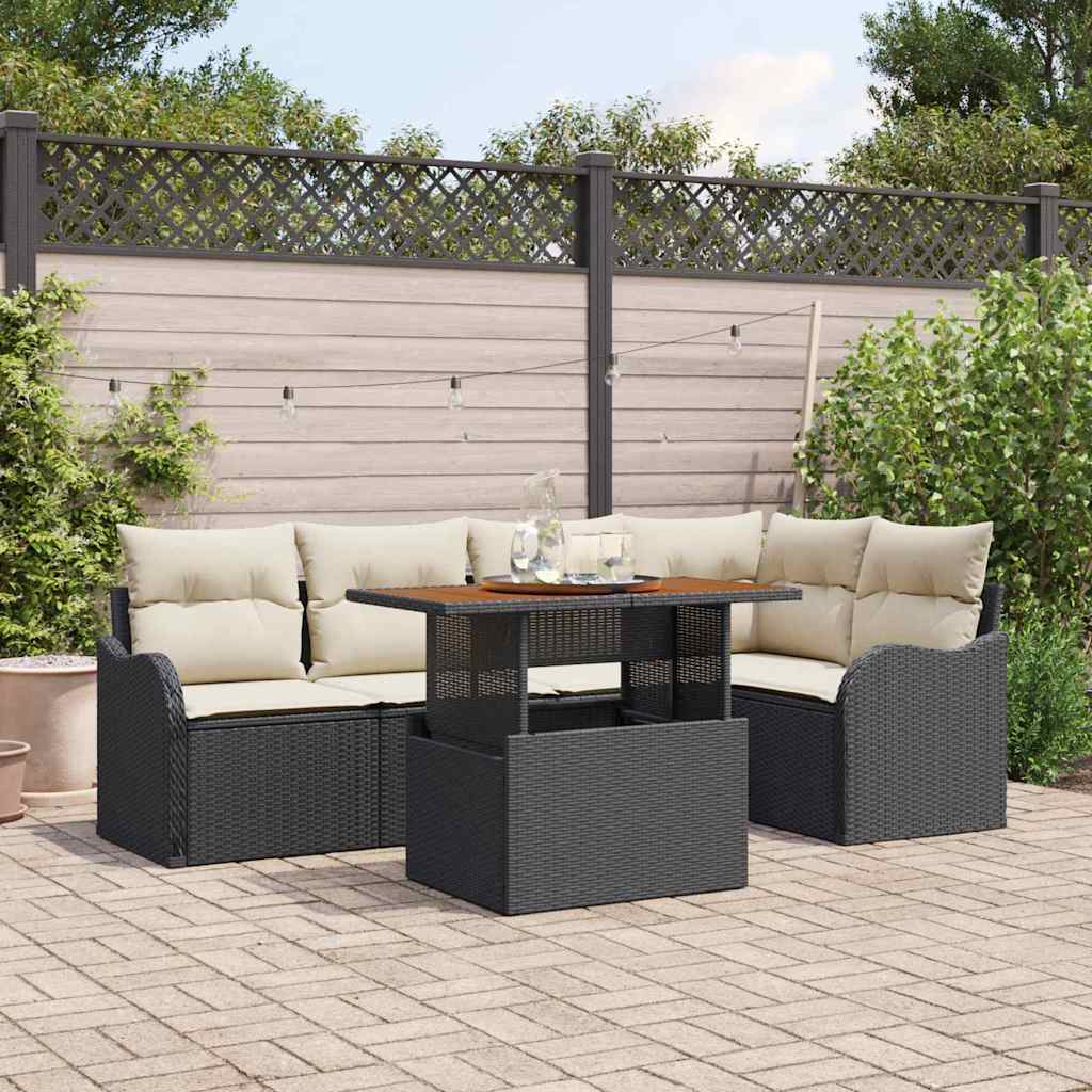 Set Divano da Giardino 6 pcs Nero e Crema polyrattan