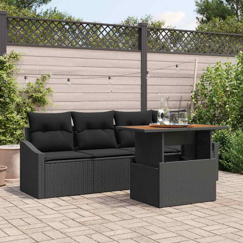 Set Divano da Giardino con cuscino 5 pcs Nero Poly Rattan