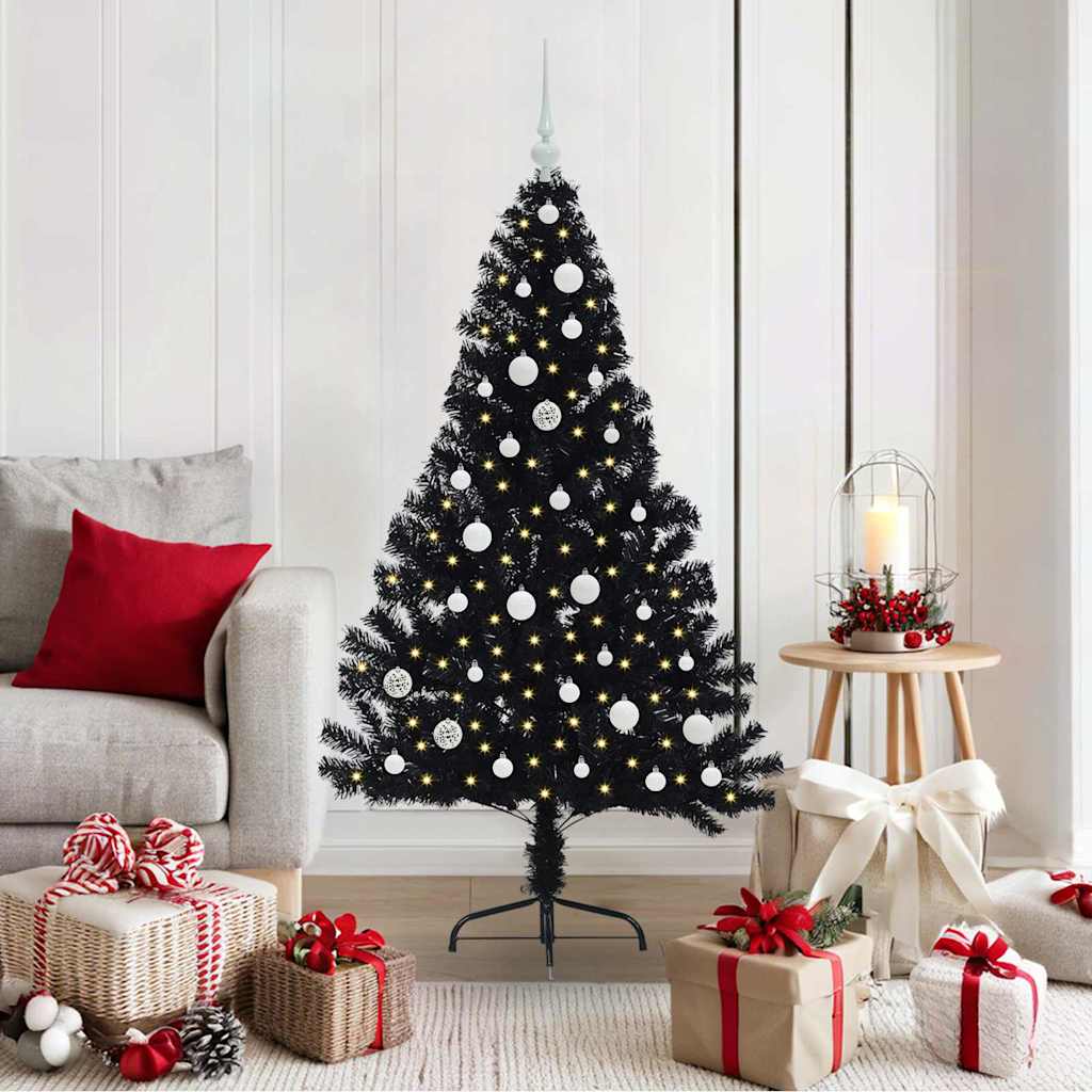 Albero di Natale artificiale con luci integrate Nero 150 cm PVC
