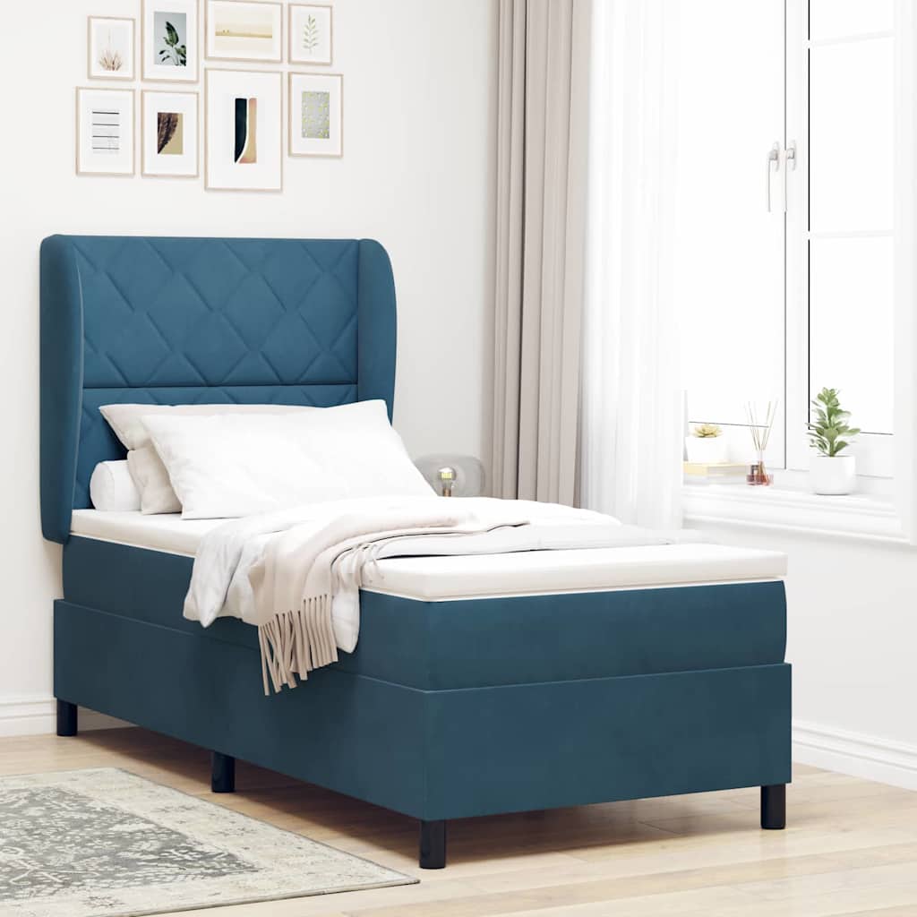Letto a molle con materasso Blu Scuro 190 x 90 cm Velluto