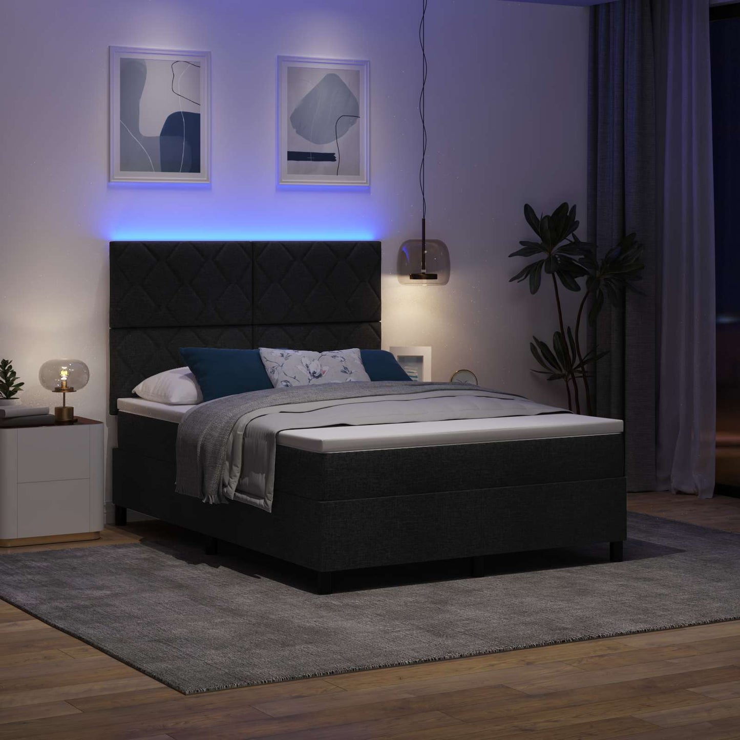 Letto a molle con materasso con led Nero 160 x 200 cm Tessuto