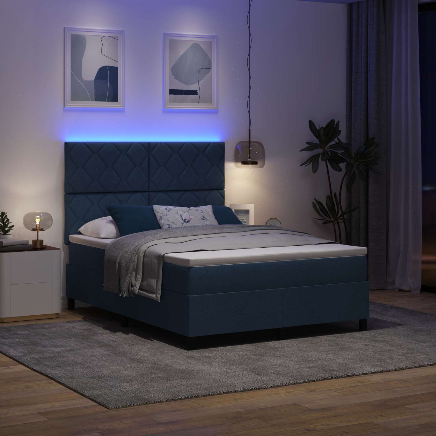 Letto a molle con materasso con led Blu 160 x 200 cm Tessuto