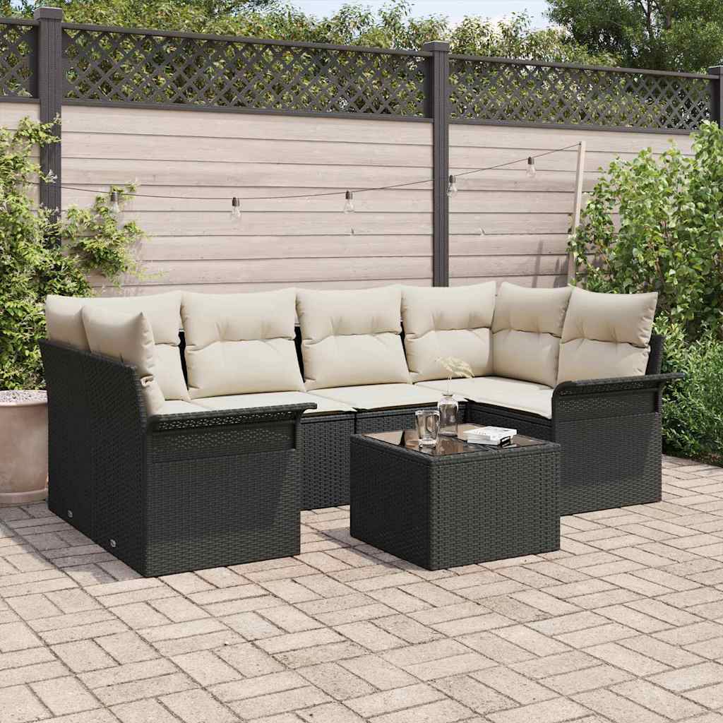 Set Divano da Giardino con cuscino 7 pcs Nero e Crema