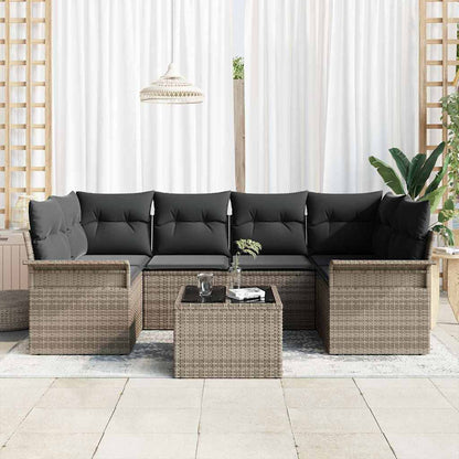 Set Divano da Giardino 7 pcs Grigio Polyrattan, Acciaio e Vetro
