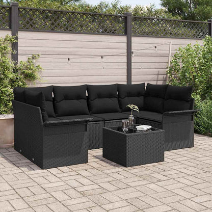 Set Divano da Giardino 7 pcs Nero Polyrattan, Acciaio e Vetro