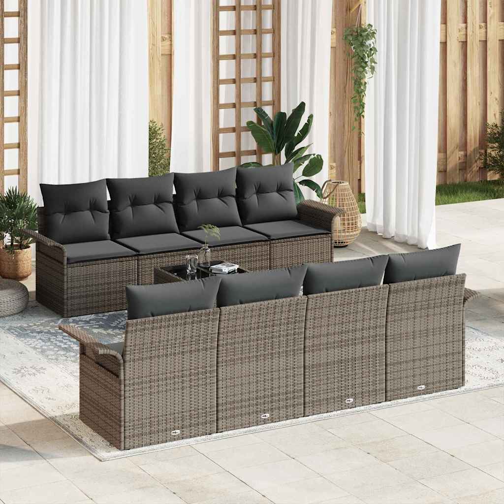 Set Divano da Giardino 9 pcs Grigio Polyrattan, Acciaio e Vetro