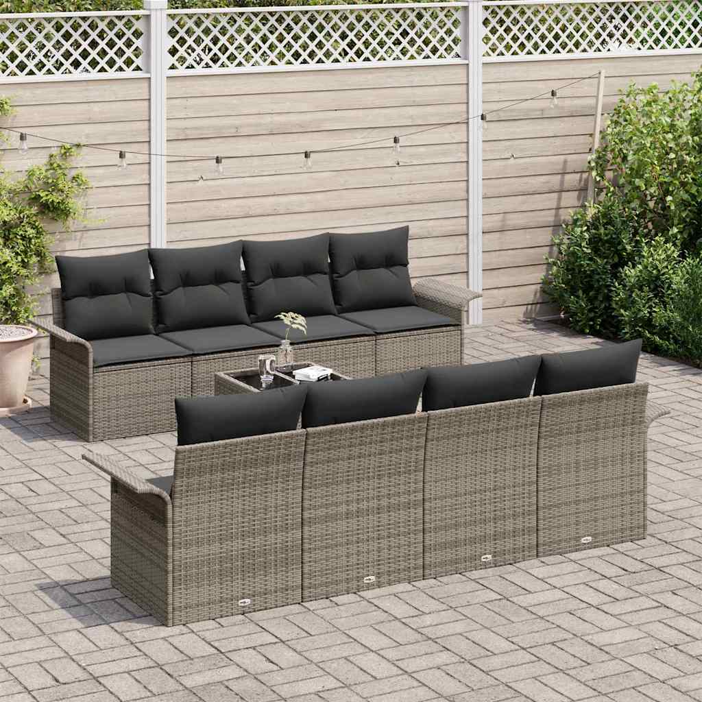 Set Divano da Giardino 9 pcs Grigio Polyrattan, Acciaio e Vetro