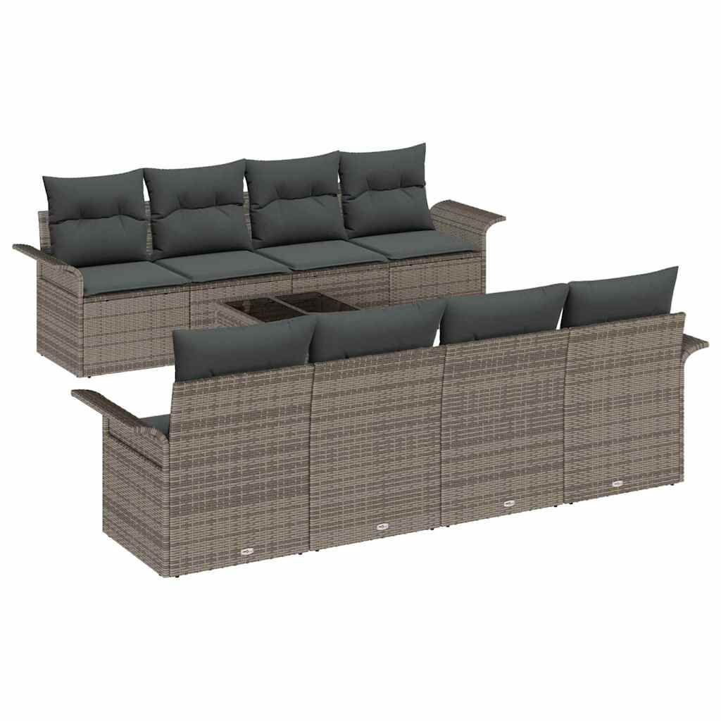 Set Divano da Giardino 9 pcs Grigio Polyrattan, Acciaio e Vetro