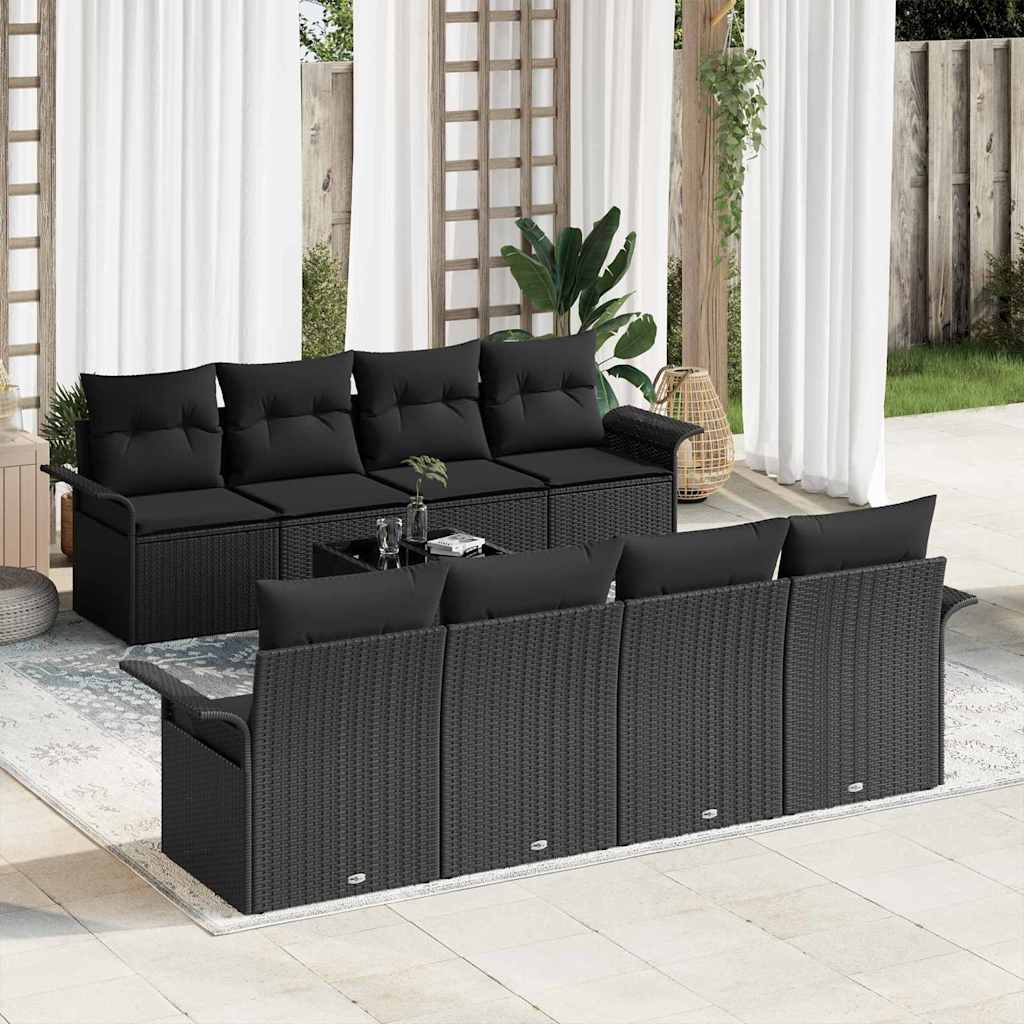 Set Divano da Giardino con cuscino 9 pcs Nero polyrattan