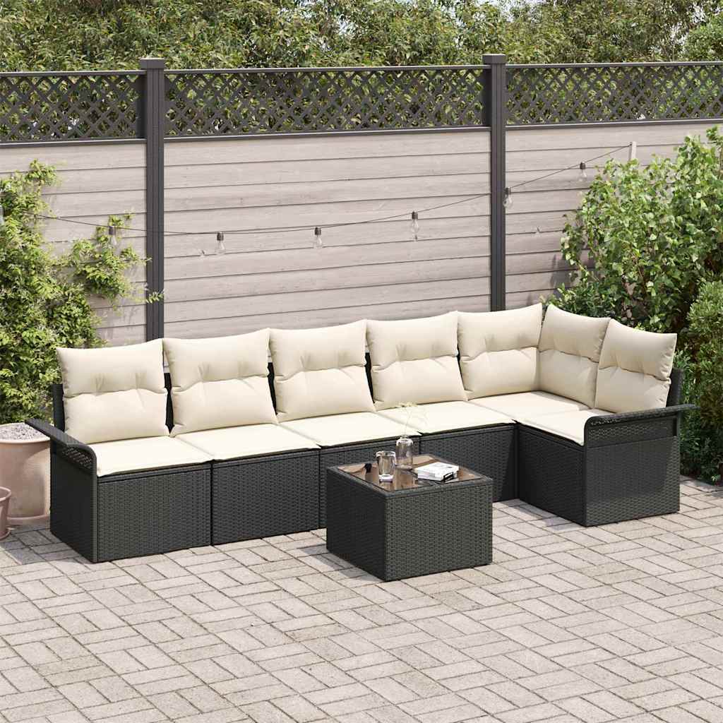 Set Divano da Giardino con cuscino 7 pcs Nero Poly Rattan