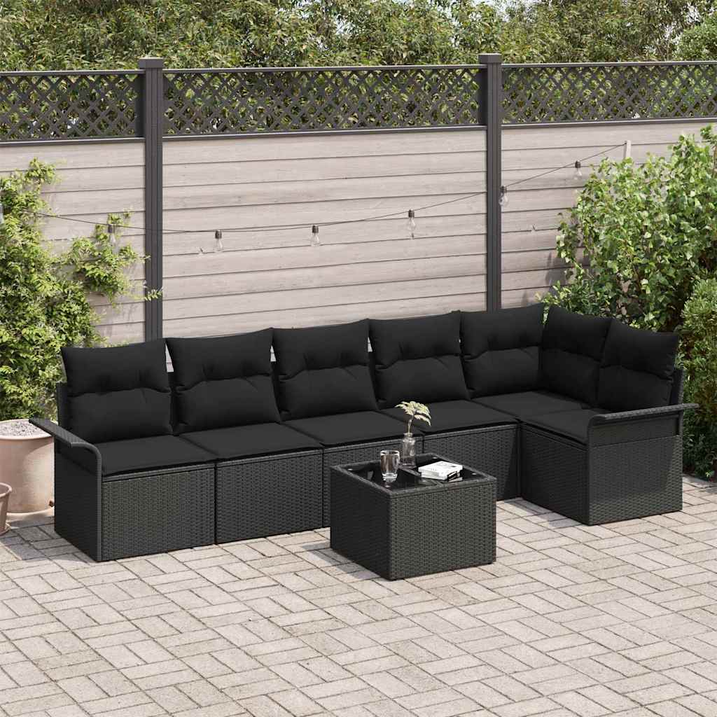 Set Divano da Giardino con cuscino 7 pcs Nero Poly Rattan