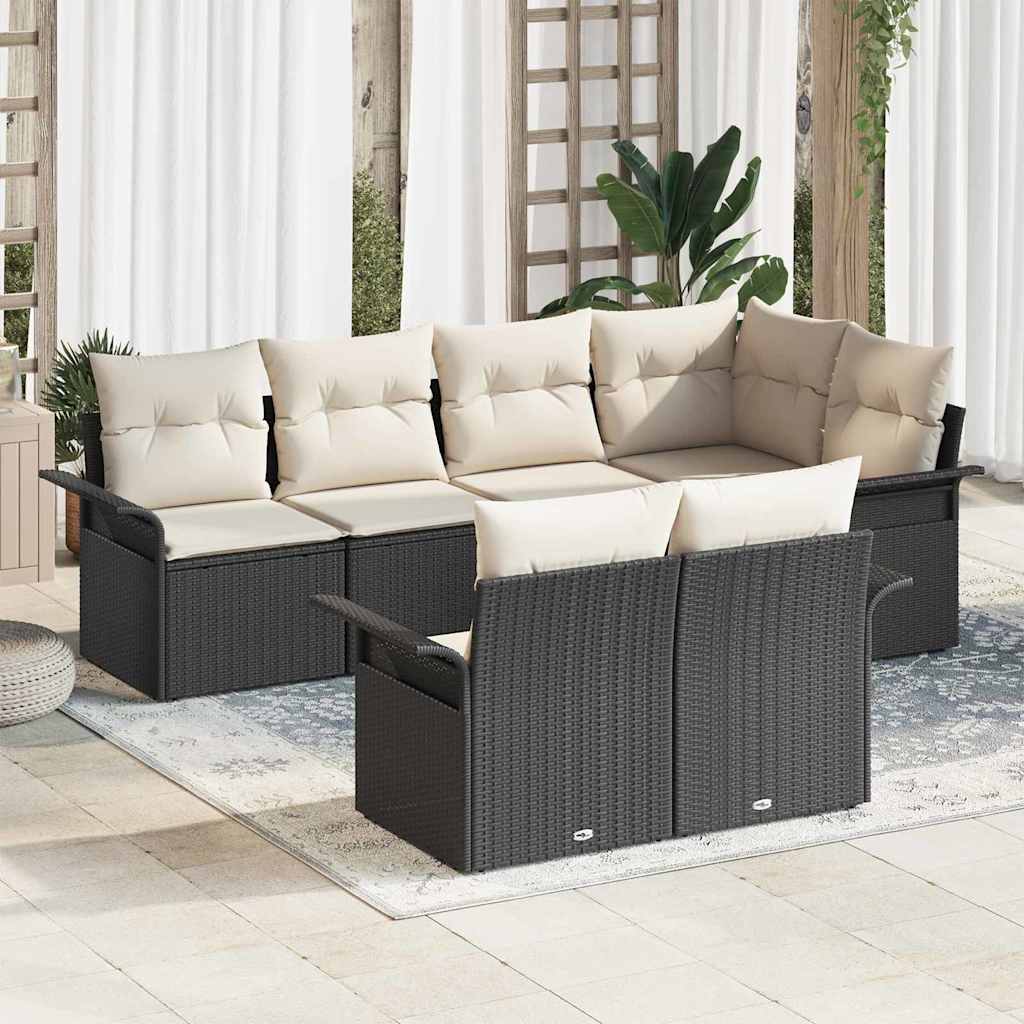 Set Divano da Giardino con cuscino 7 pcs Nero Poly Rattan