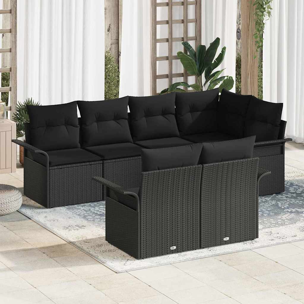 Set Divano da Giardino con cuscino 7 pcs Nero Poly Rattan