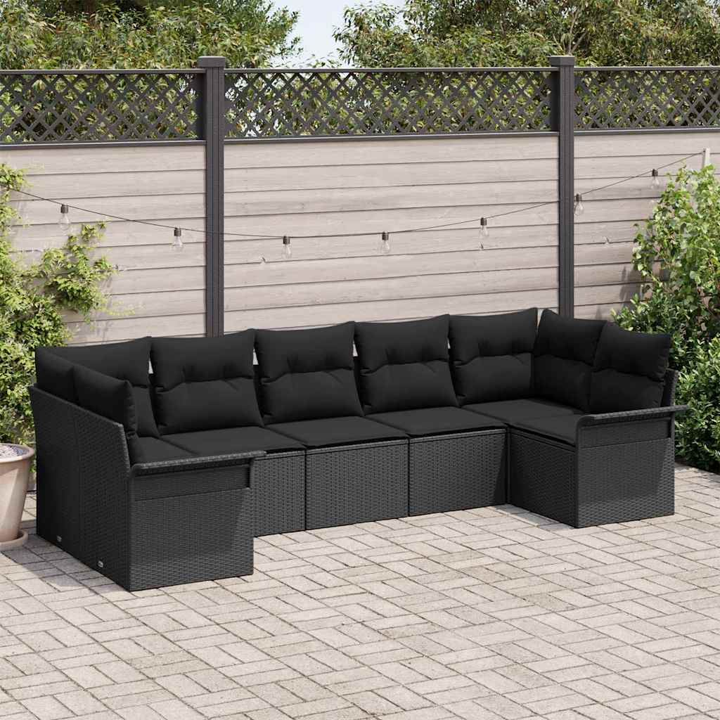 Set Divano da Giardino con cuscino 7 pcs Nero Poly Rattan