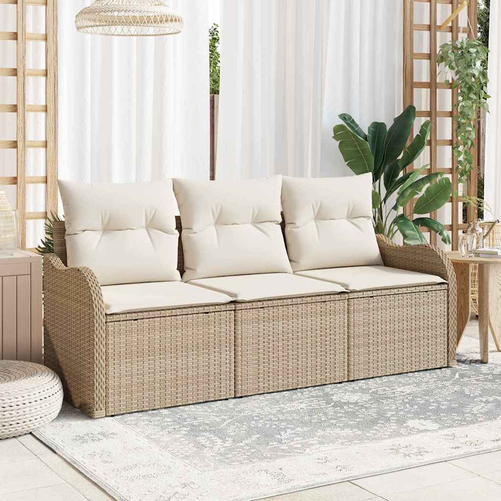 Set Divano da Giardino con cuscino 3 pcs Beige Poly Rattan