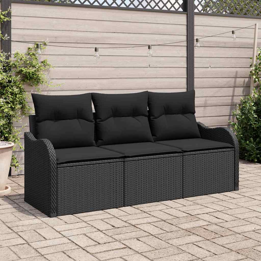 Set Divano da Giardino con cuscino 3 pcs Nero Poly Rattan