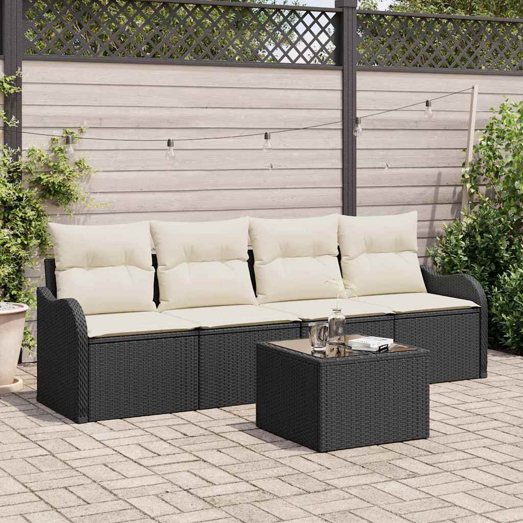 Set Divano da Giardino 5 pcs Nero e Crema polyrattan