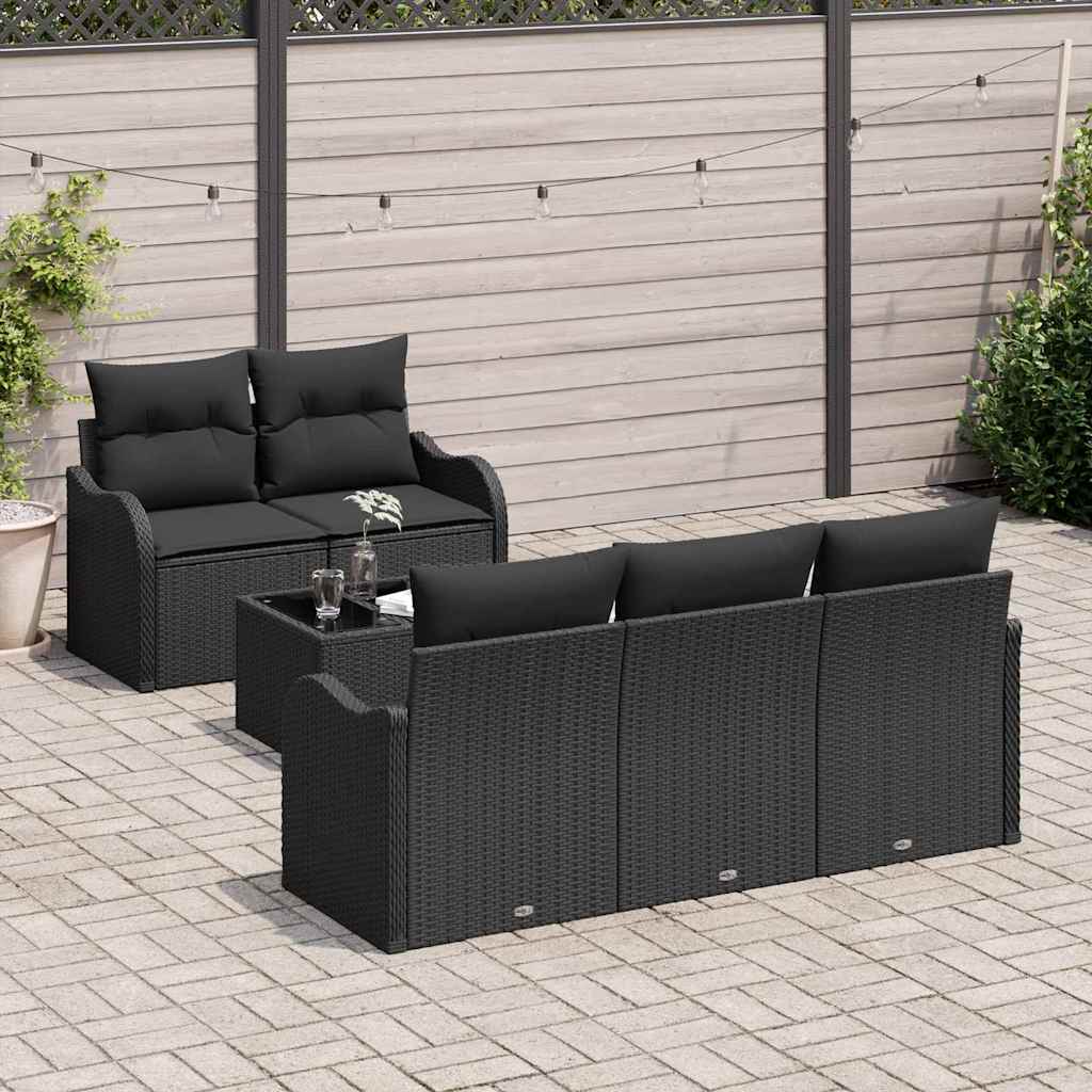 Set Divano da Giardino 6 pcs Nero Polyrattan, Acciaio e Vetro