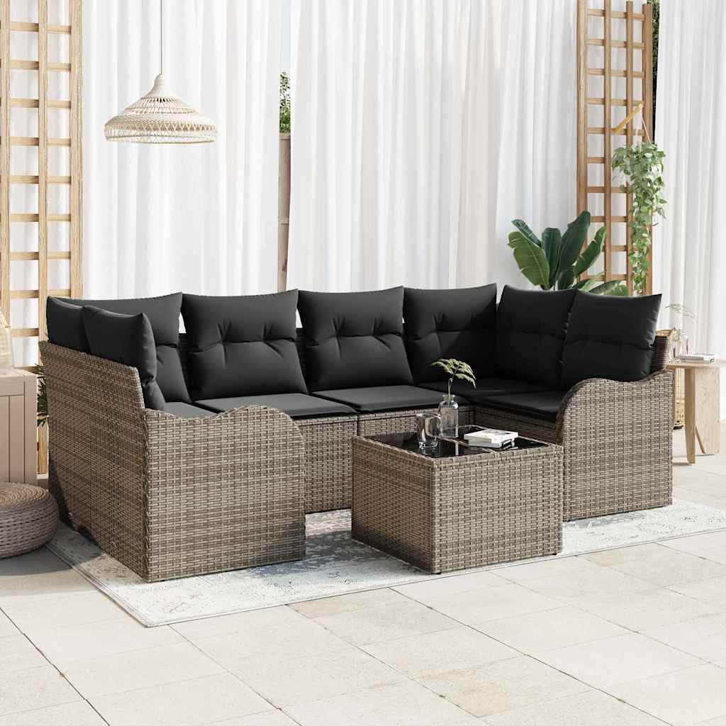 Set Divano da Giardino 7 pcs Grigio Polyrattan, Acciaio e Vetro