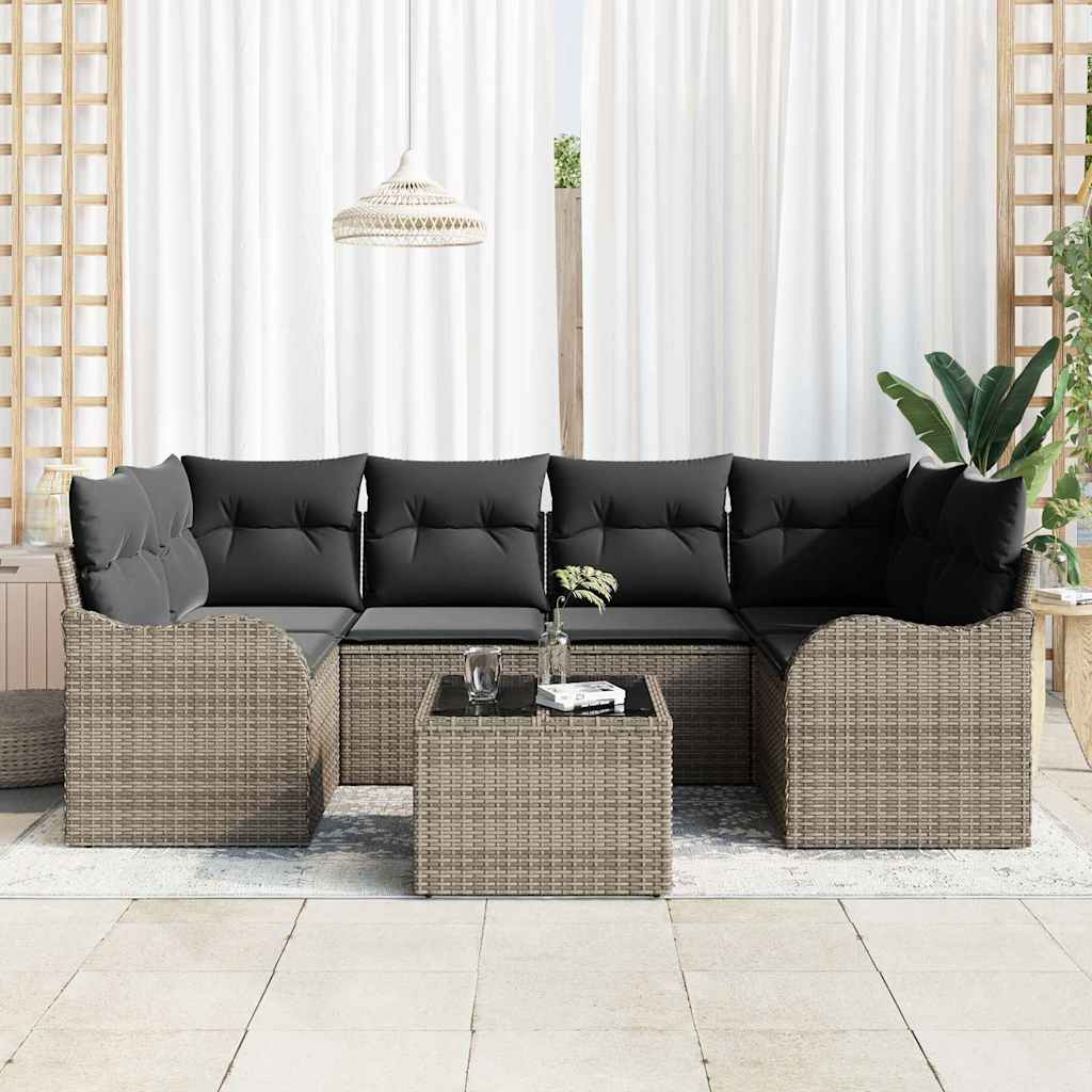 Set Divano da Giardino 7 pcs Grigio Polyrattan, Acciaio e Vetro