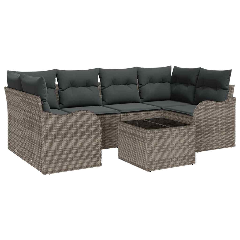 Set Divano da Giardino 7 pcs Grigio Polyrattan, Acciaio e Vetro