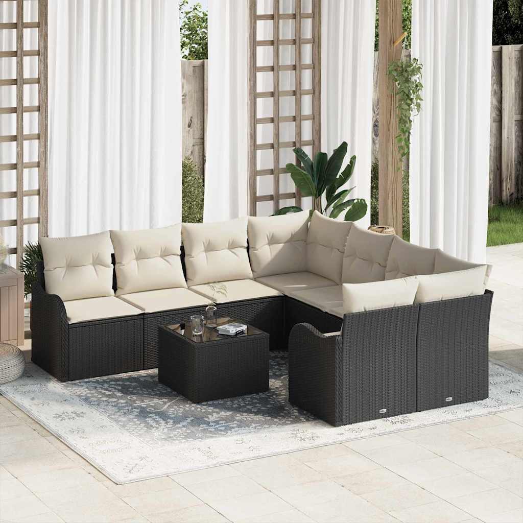 Set Divano da Giardino con cuscino 9 pcs Nero e Crema