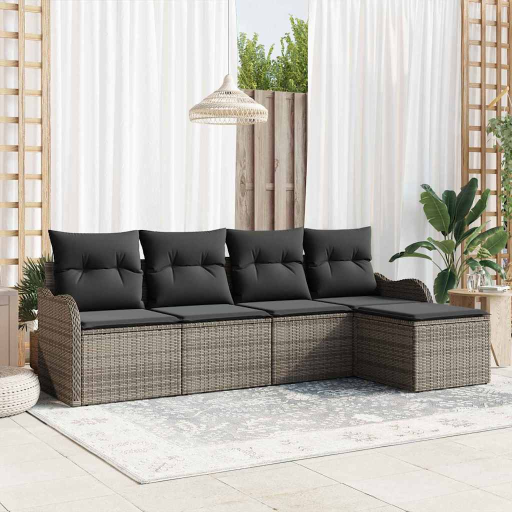 Set Divano da Giardino con cuscino 5 pcs Grigio Poly Rattan