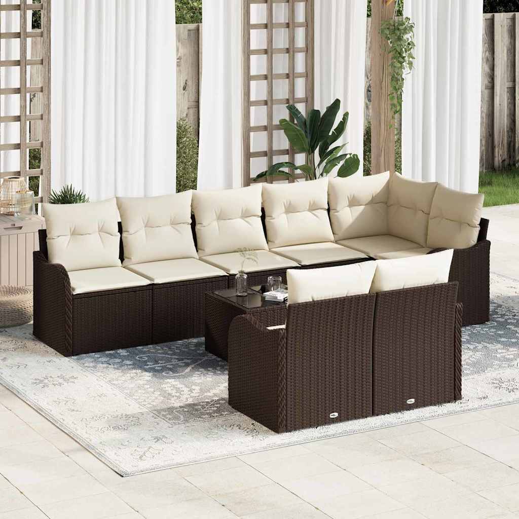Set Divano da Giardino 9 pcs Marrone e bianco Poly Rattan