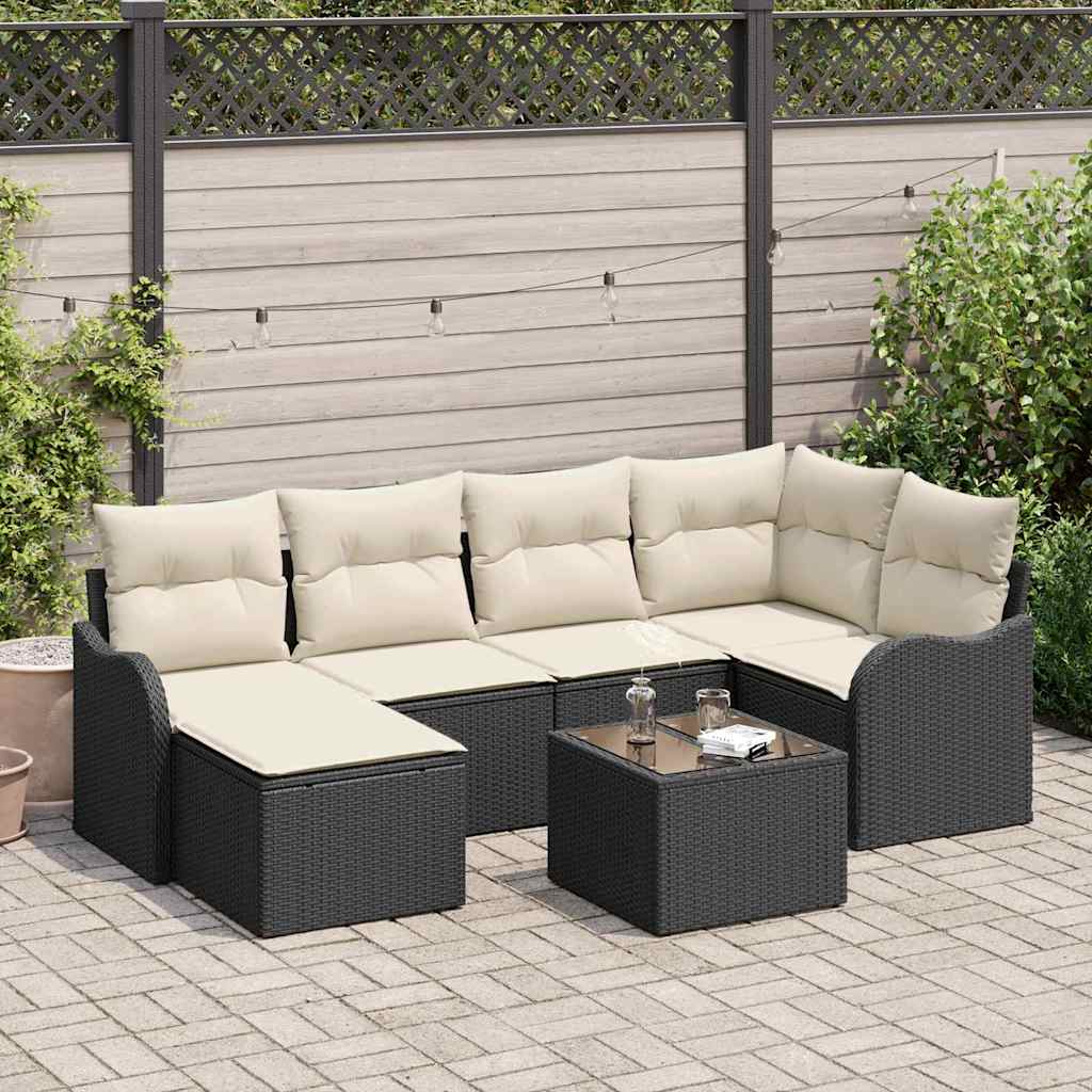 Set Divano da Giardino 7 pcs Nero e bianco Poly Rattan