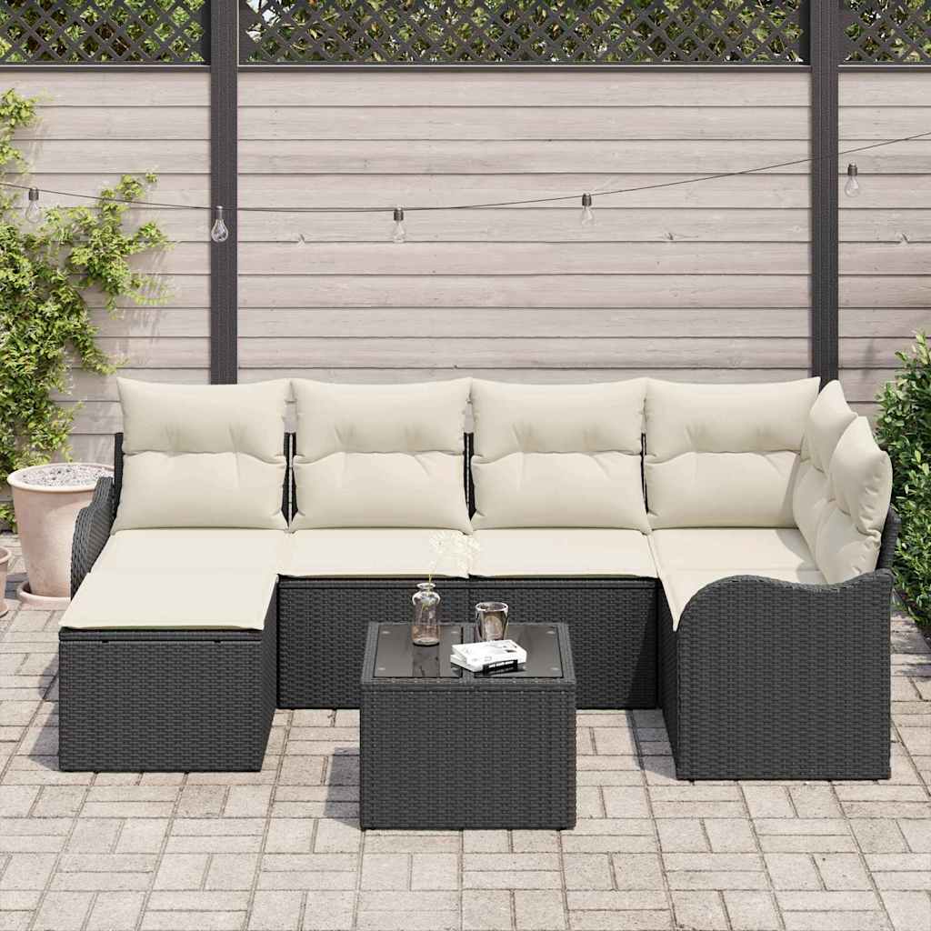 Set Divano da Giardino 7 pcs Nero e bianco Poly Rattan