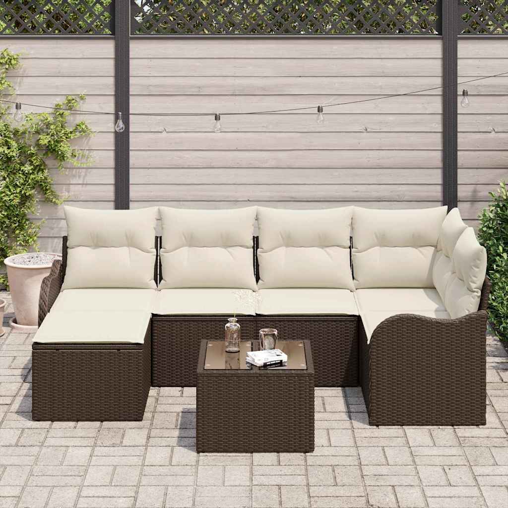 Set Divano da Giardino 7 pcs Marrone e bianco Poly Rattan