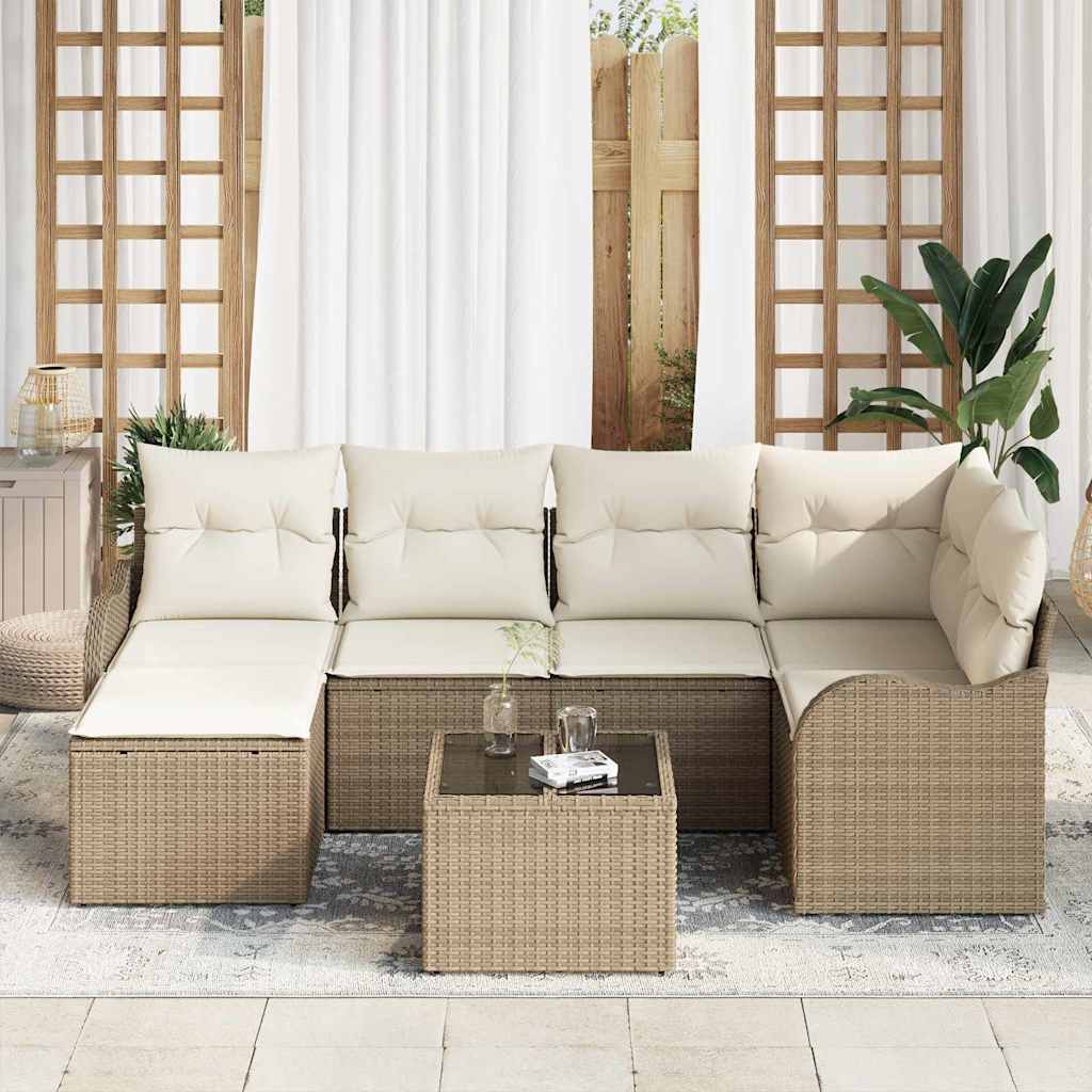 Set Divano da Giardino 7 pcs Beige e bianco Poly Rattan