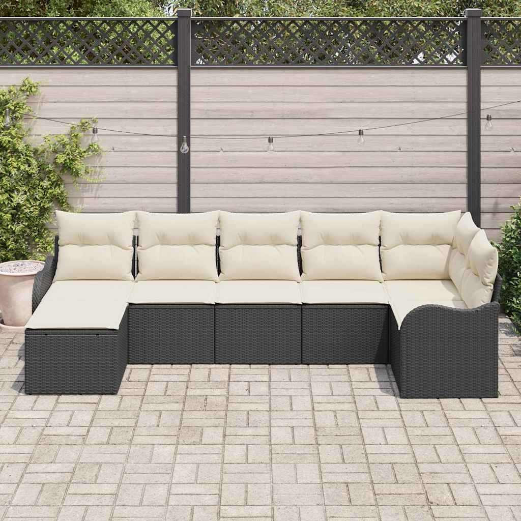 Set Divano da Giardino 7 pcs Nero e bianco Poly Rattan