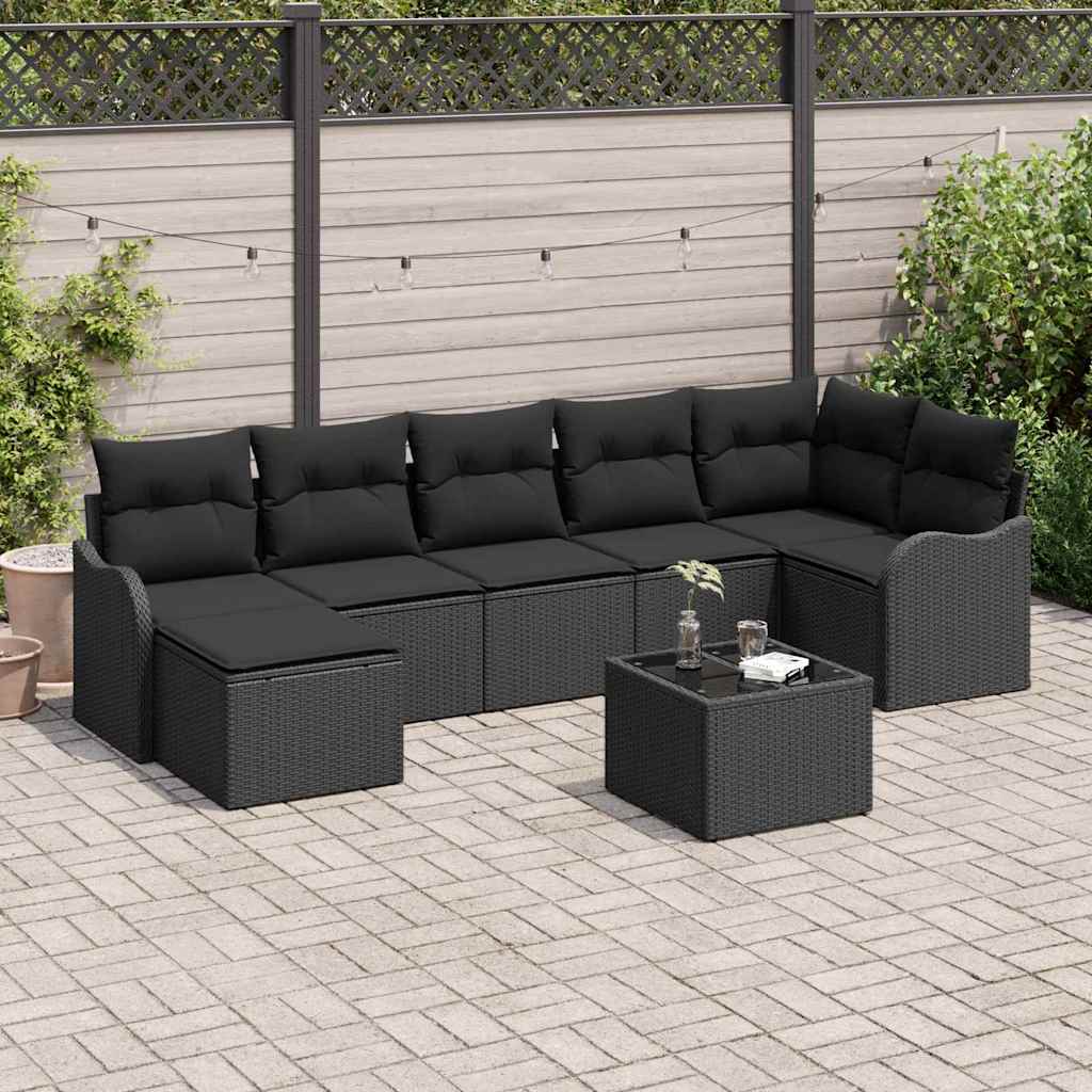 Set Divano da Giardino con cuscino 8 pcs Nero Poly Rattan