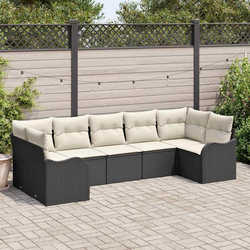 Set Divano da Giardino 7 pcs Nero e bianco Poly Rattan