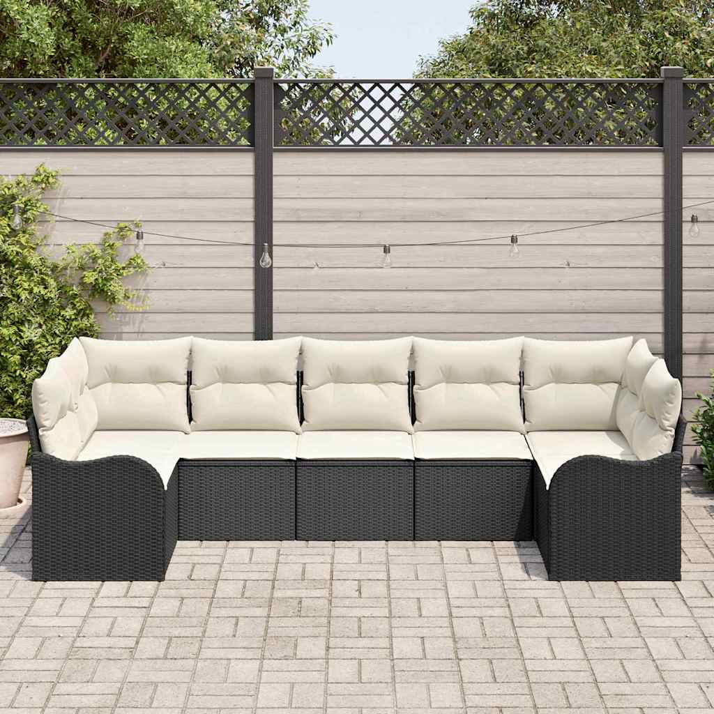 Set Divano da Giardino 7 pcs Nero e bianco Poly Rattan