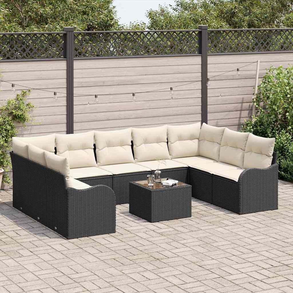 Set Divano da Giardino 10 pcs Nero e bianco Poly Rattan