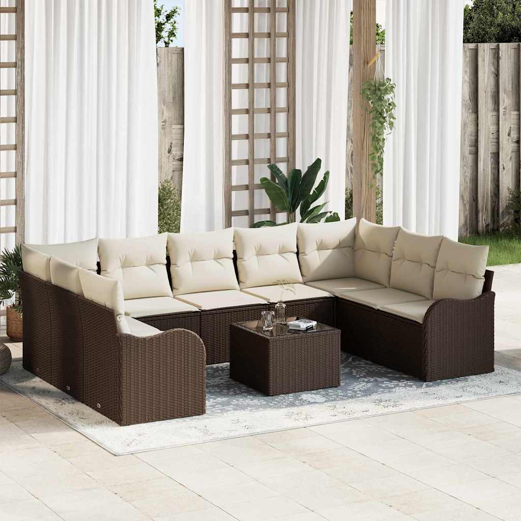 Set Divano da Giardino 10 pcs Marrone e bianco Poly Rattan