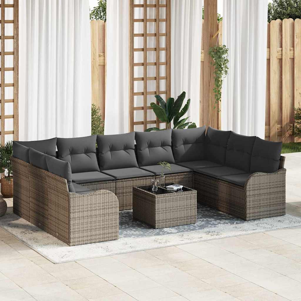 Set Divano da Giardino con cuscino 10 pcs Grigio Poly Rattan