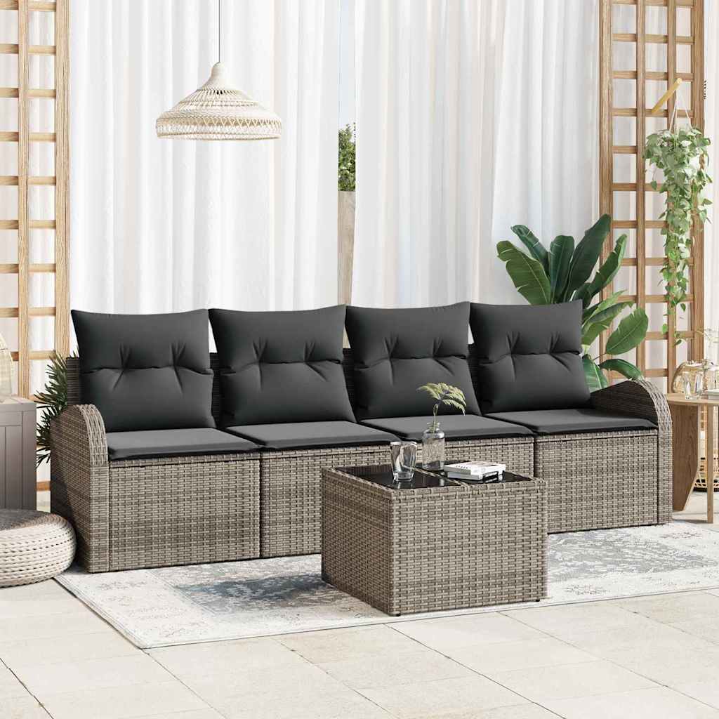 Set Divano da Giardino 5 pcs Grigio Polyrattan, Acciaio e Vetro