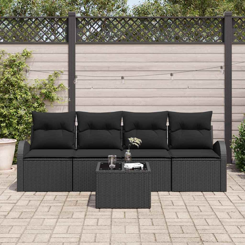 Set Divano da Giardino 5 pcs Nero Polyrattan, Acciaio e Vetro