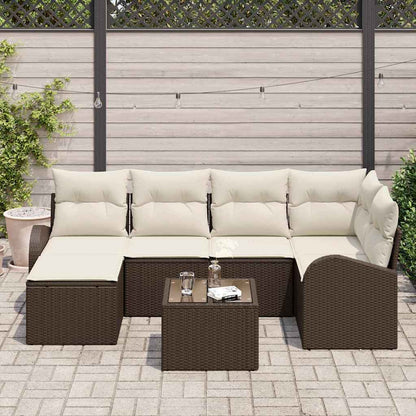 Set di divani con cuscino 7 pcs Marrone e bianco polyrattan