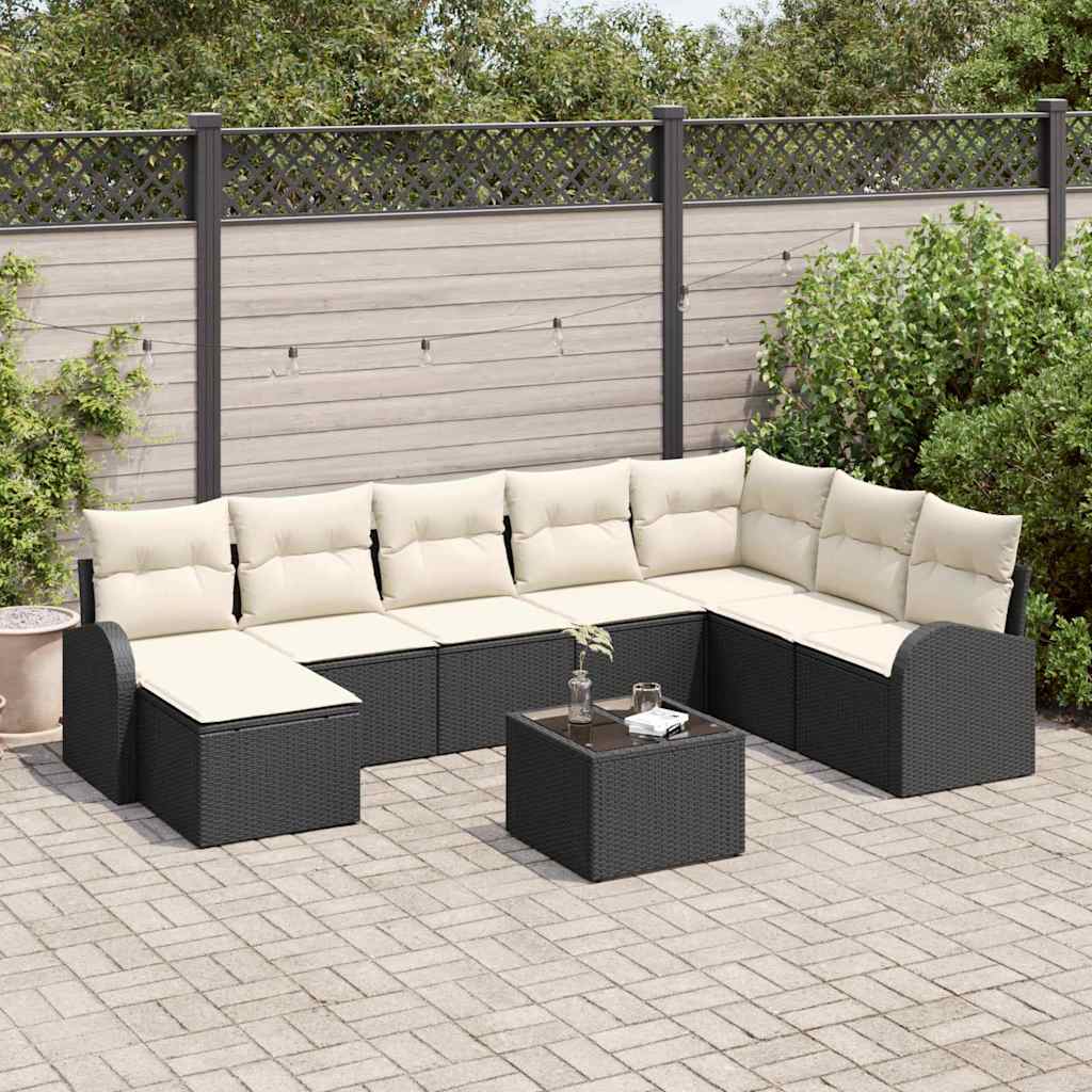 Set di divani con cuscino 9 pcs Nero e Bianco polyrattan