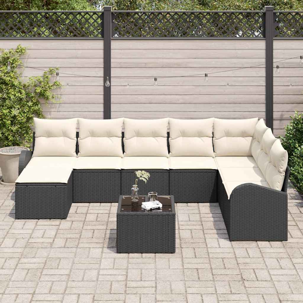 Set di divani con cuscino 9 pcs Nero e Bianco polyrattan