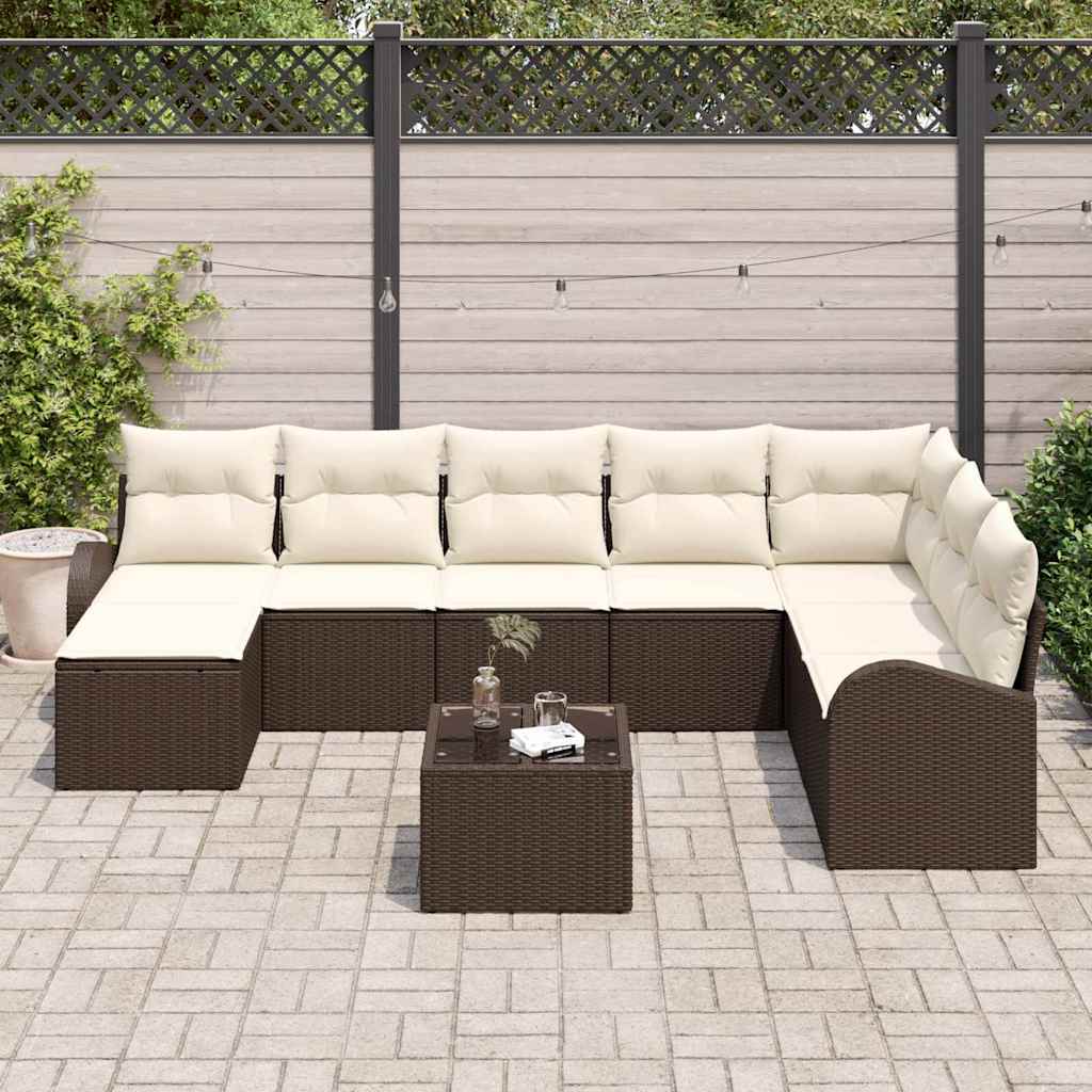 Set di divani con cuscino 9 pcs Marrone e bianco polyrattan